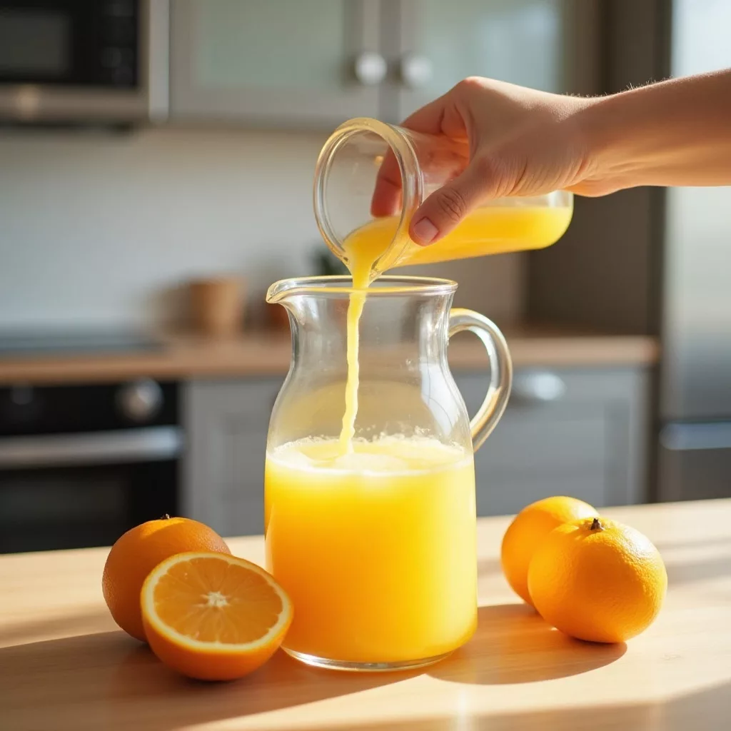 a hand pouring orange juice into a pitcher