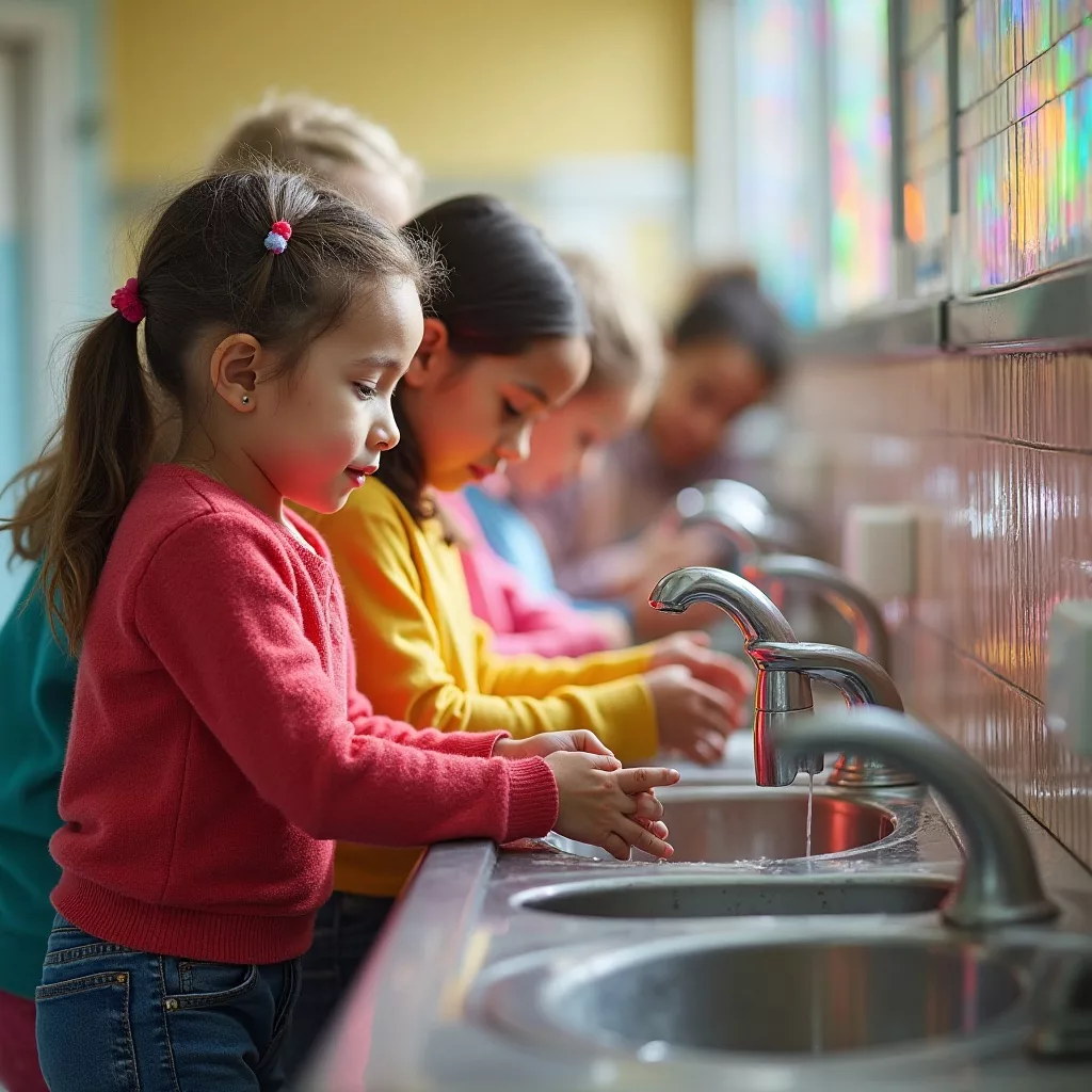a group of children washing hands