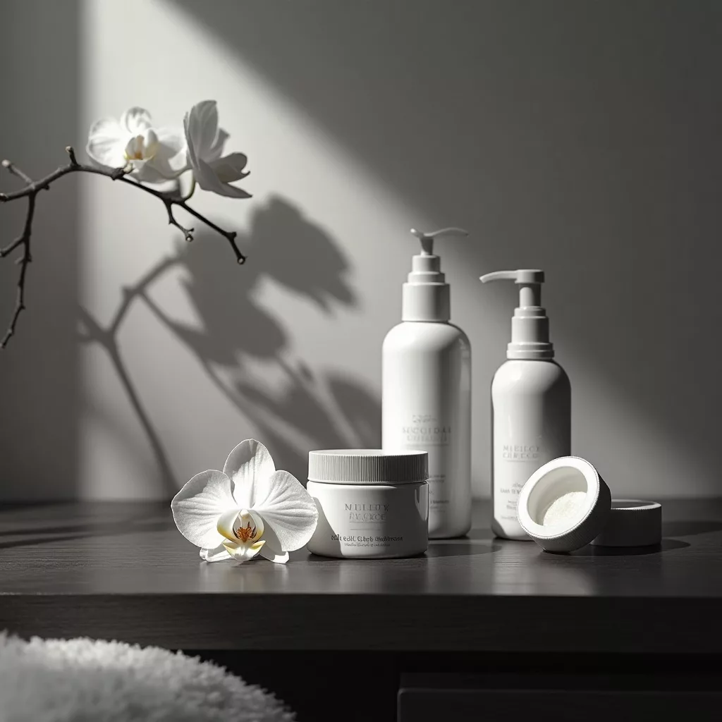 a group of white containers and a flower on a table