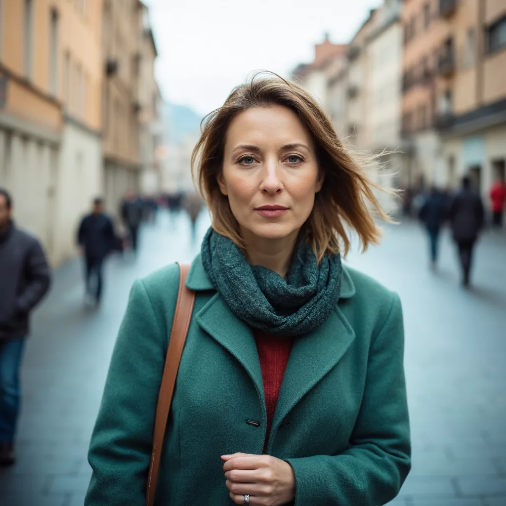 a woman in a green coat