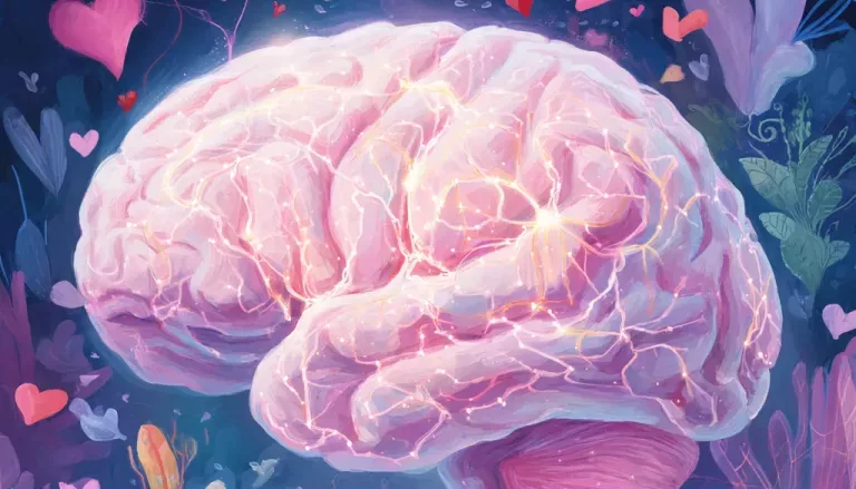 Cerveau entouré de cœurs et fleurs.