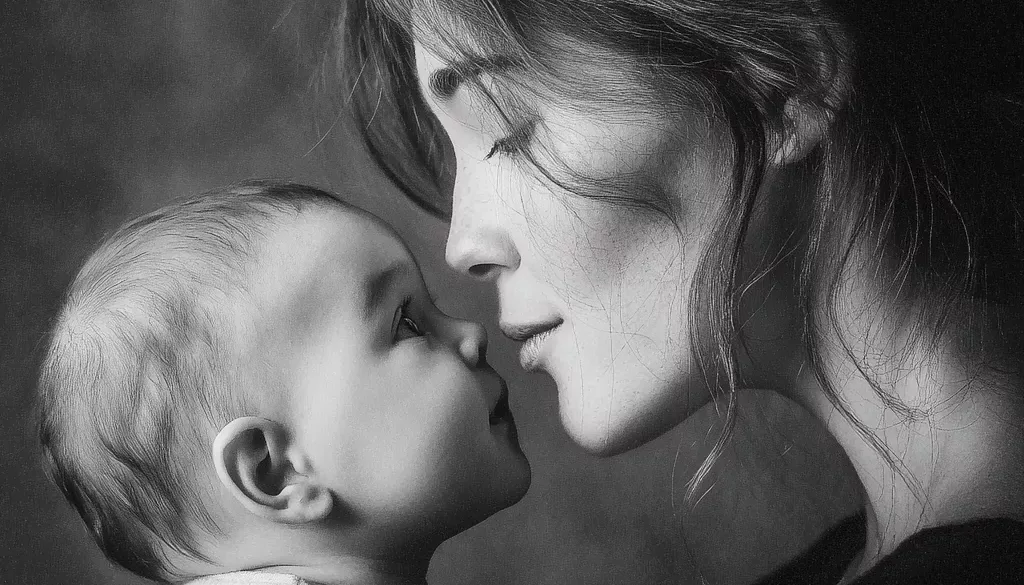Mère et bébé en noir et blanc.