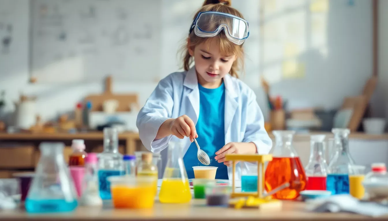 Un enfant est en train de réaliser une expérience scientifique sur une table, utilisant des matériaux colorés. Cette activité ludique stimule sa curiosité et lui permet de découvrir le monde des sciences de manière amusante.