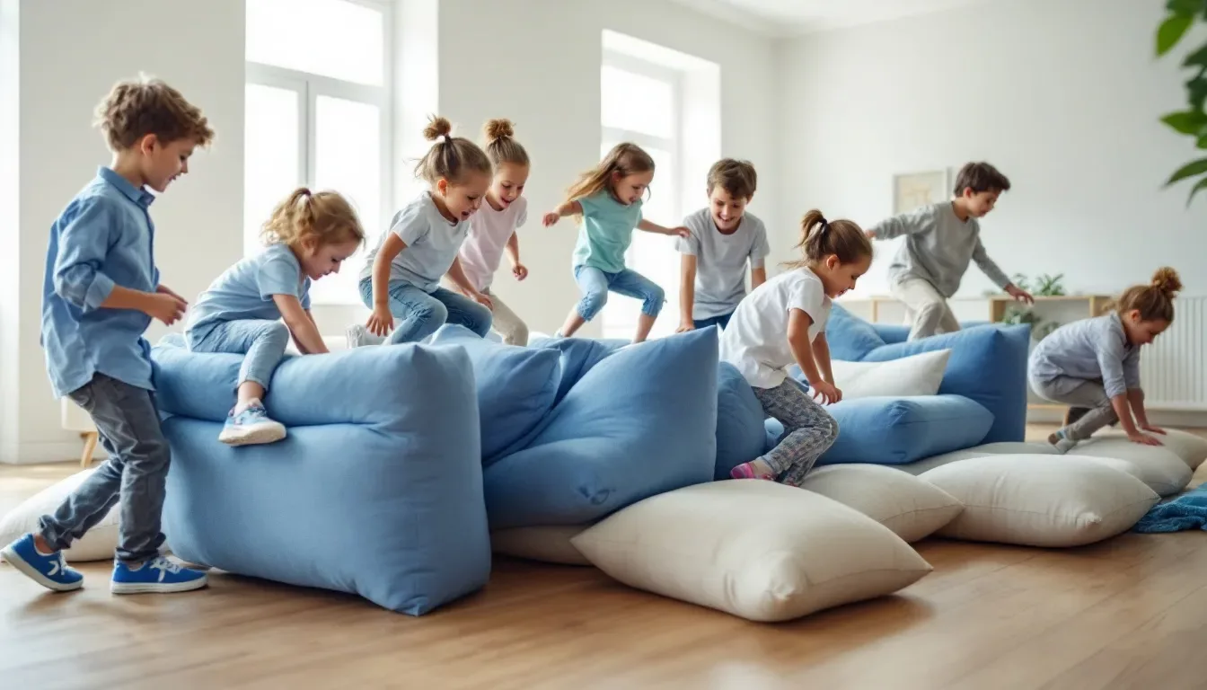 Des enfants s'amusent à construire un parcours d'obstacles dans le salon en utilisant des coussins et des chaises, créant une ambiance ludique pour leurs activités de loisirs en famille. Ils rient et collaborent, partageant des souvenirs dans cet espace intérieur transformé en terrain d'aventure.