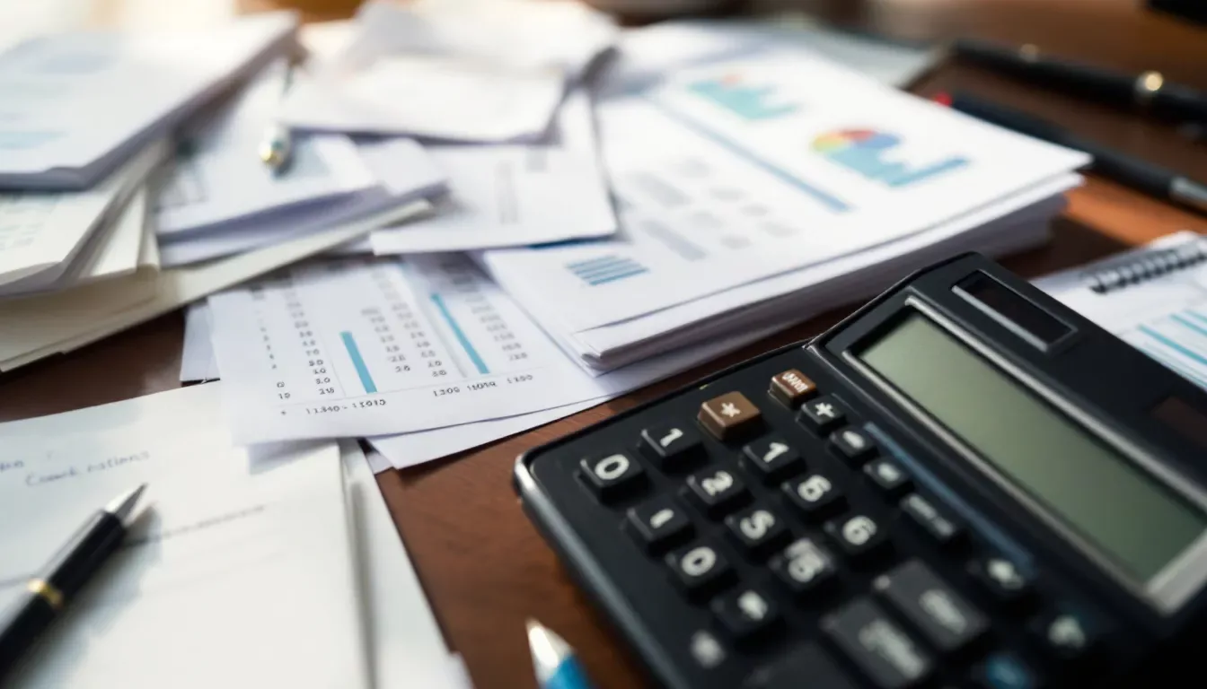 Une calculatrice est posée sur une table, entourée de documents financiers détaillant les calculs des allocations d'éducation pour les enfants handicapés. Ces documents incluent des informations sur l'allocation d'éducation de l'enfant handicapé, ainsi que sur les frais d'éducation et les aides possibles pour les parents isolés.