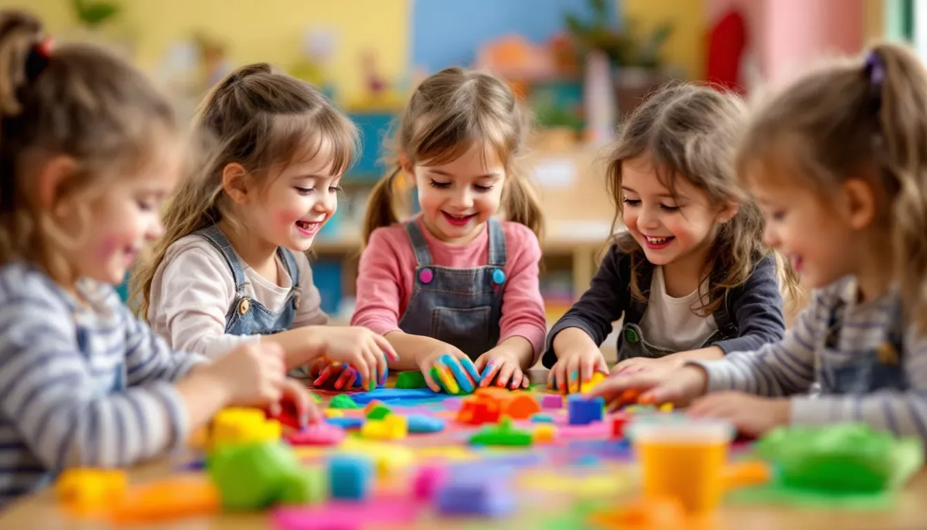 Des enfants âgés de 3 à 6 ans s'amusent à manipuler de la pâte à modeler colorée et divers objets sensoriels, favorisant ainsi leur créativité et leur développement lors d'activités ludiques en famille. L'ambiance est joyeuse et conviviale, propice à des souvenirs mémorables.