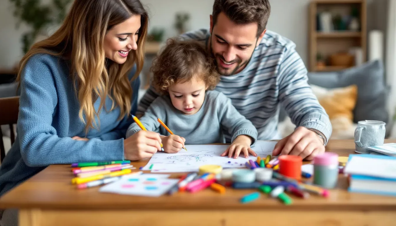 Une famille est réunie autour d'une table, où parents et enfants s'adonnent à des activités créatives, partageant des moments de loisir et de détente. L'ambiance est joyeuse, remplie de souvenirs et d'expériences ludiques, tandis qu'ils explorent ensemble des idées d'activités manuelles.