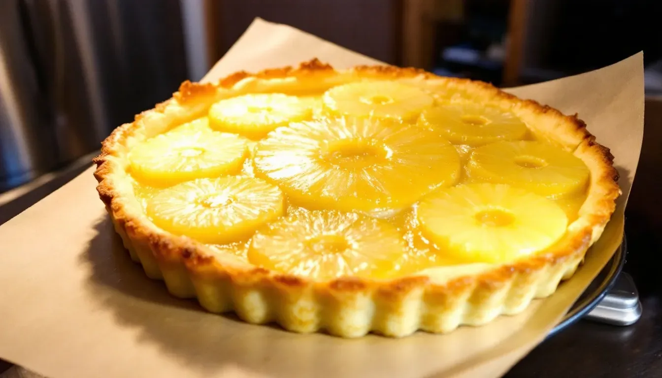 Une tarte à l'ananas dorée et gonflée est en cours de cuisson dans le four, reposant sur une plaque recouverte de papier sulfurisé. Les tranches d'ananas sont visibles sur le dessus, ajoutant une touche colorée à ce dessert savoureux.