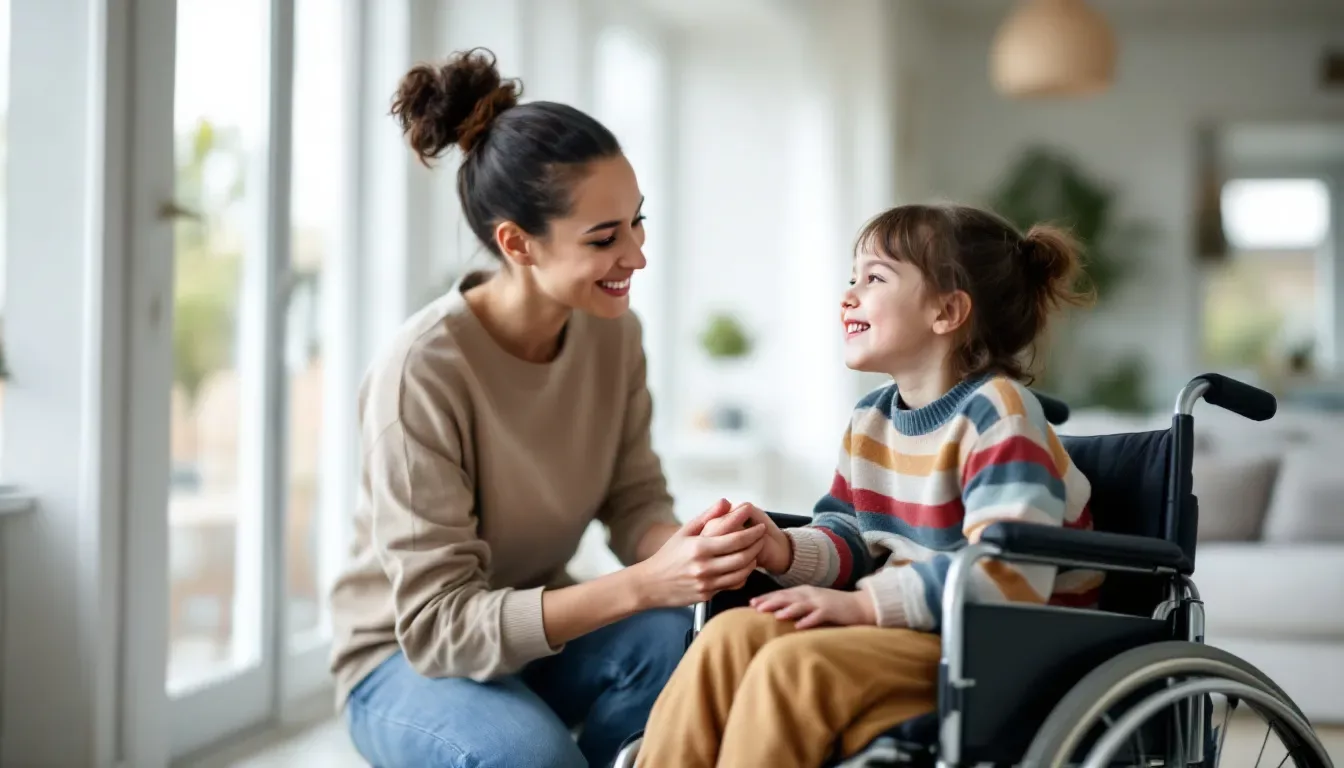 Un parent isolé s'occupe de son enfant handicapé dans un environnement domestique adapté, mettant en avant les défis quotidiens liés à la situation de handicap. L'image illustre la vie quotidienne, soulignant l'importance de l'allocation d'éducation de l'enfant handicapé et des aides nécessaires pour assurer leur autonomie.