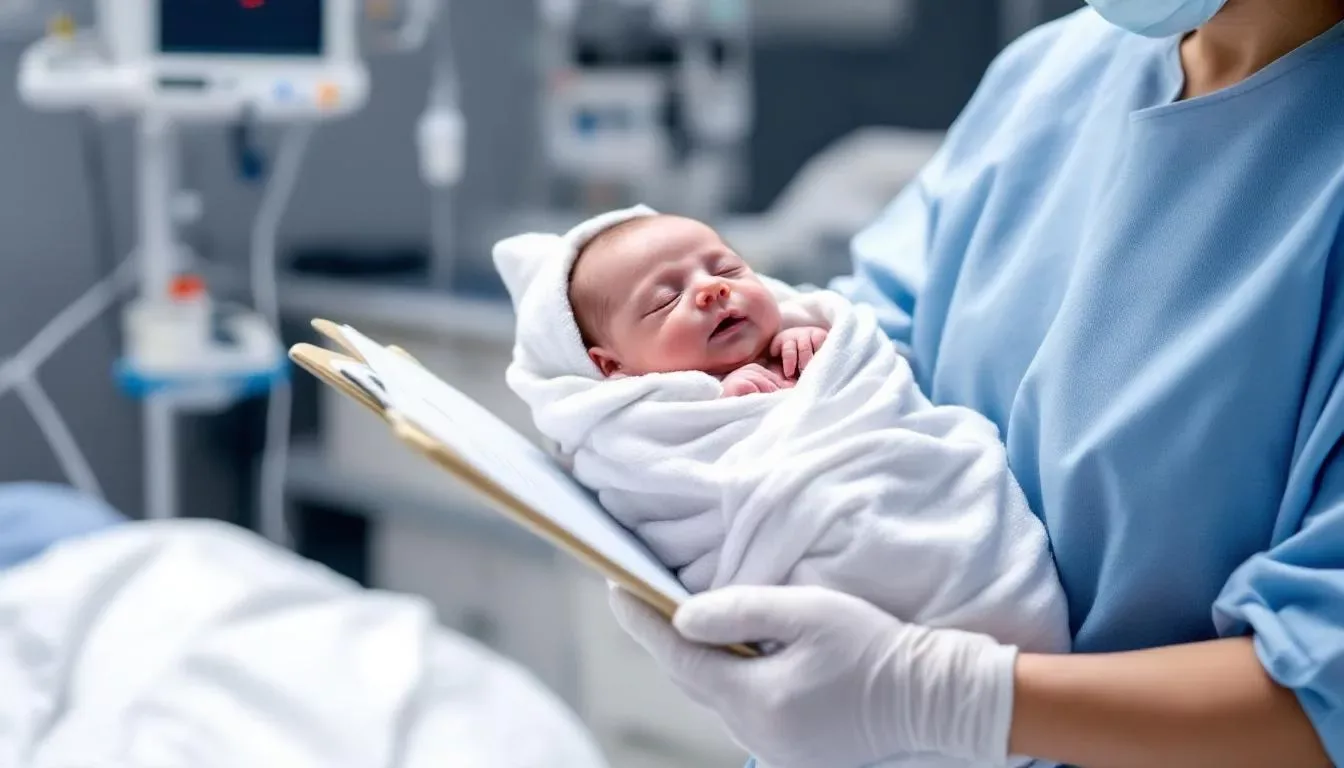 Un bébé est tenu dans les bras d'un parent dans un environnement médical, illustrant l'importance de la vigilance face aux infections respiratoires.