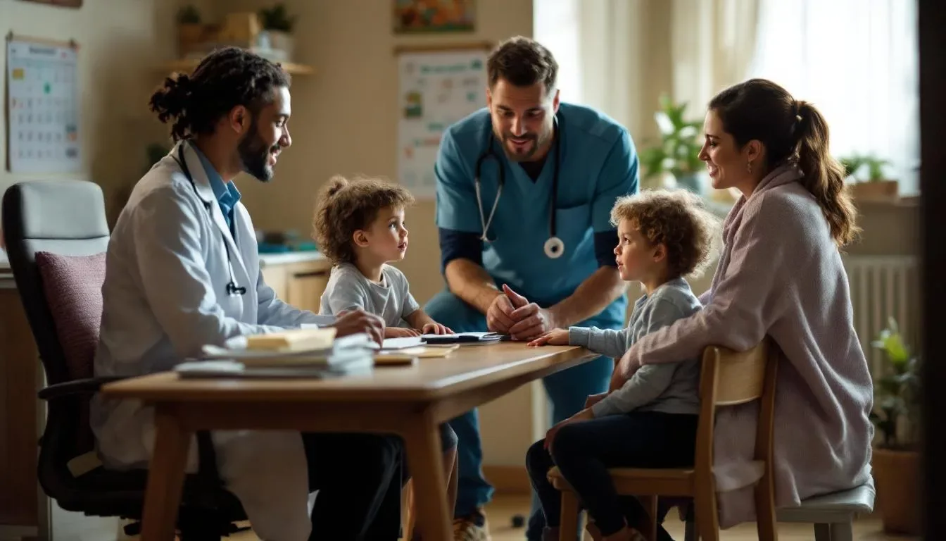 Dans un cabinet médical chaleureux, des professionnels de santé consultent un enfant et ses parents, discutant des troubles du neurodéveloppement tels que le TDAH et l'autisme. L'échange se concentre sur la prise en charge et les recommandations adaptées aux besoins de l'enfant.