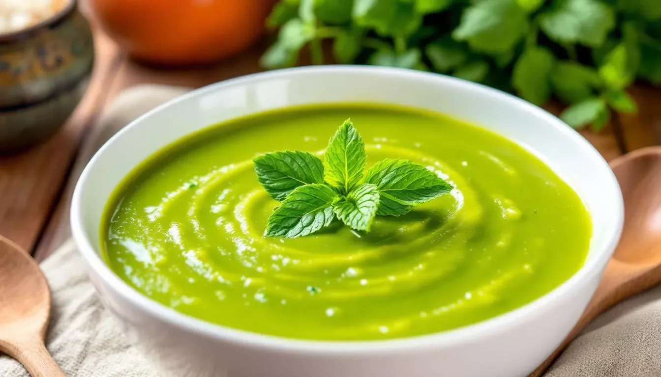 Une soupe verte aux légumes printaniers, composée de pommes de terre, carottes, poireaux et courgettes, est joliment garnie de menthe fraîche pour une touche aromatique. Ce velouté, riche en saveurs printanières, est présenté dans un bol, prêt à être dégusté.