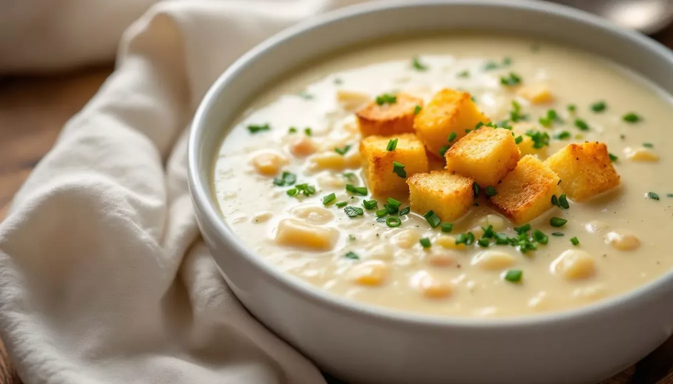 Une soupe chaude de légumes d'hiver est servie dans un bol, garnie de croûtons dorés et d'herbes fraîches. Cette recette savoureuse, riche en pommes de terre, carottes et poireaux, évoque la douceur des repas faits maison.