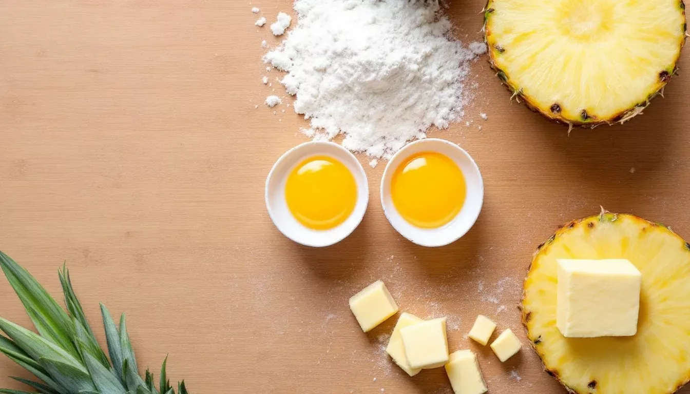 Des ingrédients pour préparer une tarte à l'ananas sont soigneusement disposés sur une planche en bois, incluant un ananas frais, des œufs, de la farine et du beurre. Cette mise en scène évoque la préparation d'une délicieuse recette de tarte, mettant en avant les éléments essentiels pour sa confection.