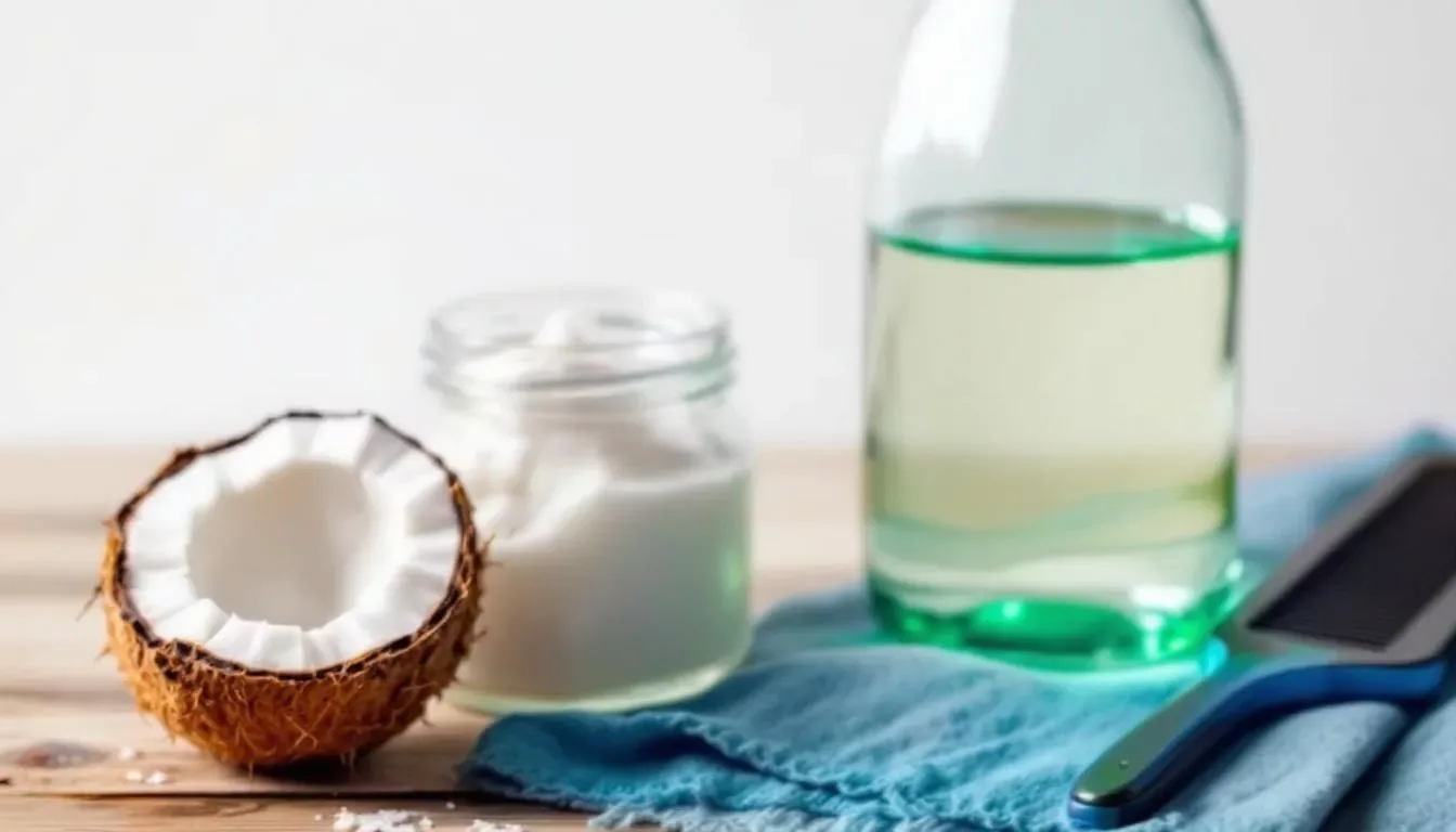 L'image montre des ingrédients naturels pour un traitement anti-poux, comprenant de l'huile de coco, du vinaigre blanc et un peigne fin. Ces produits sont souvent utilisés pour lutter contre les poux et les lentes de manière efficace et naturelle.