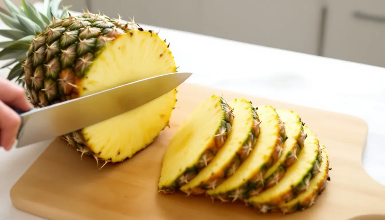 L'image montre un ananas frais en cours de découpe, avec des tranches disposées en éventail sur une planche à découper. Les morceaux d'ananas sont prêts à être utilisés dans une délicieuse recette, comme une tarte à l'ananas.
