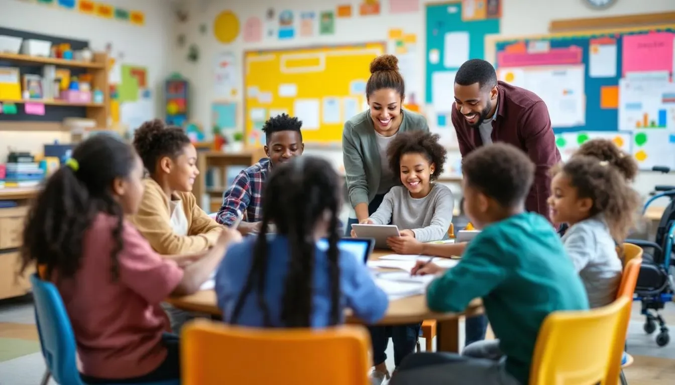 Une salle de classe inclusive est présentée, où des enfants avec divers besoins éducatifs, y compris des troubles du spectre autistique et des déficiences intellectuelles, participent à des activités d'apprentissage sous la supervision de professionnels. Cette intervention éducative vise à favoriser l'intégration et l'autonomie des élèves dans un cadre adapté à leurs besoins.