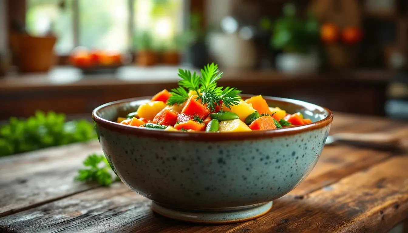 Une soupe maison aux légumes colorés est servie dans un bol, garnie d'herbes fraîches. On peut y distinguer des morceaux de carottes, de poireaux et de pommes de terre, offrant une belle texture et une saveur réconfortante.