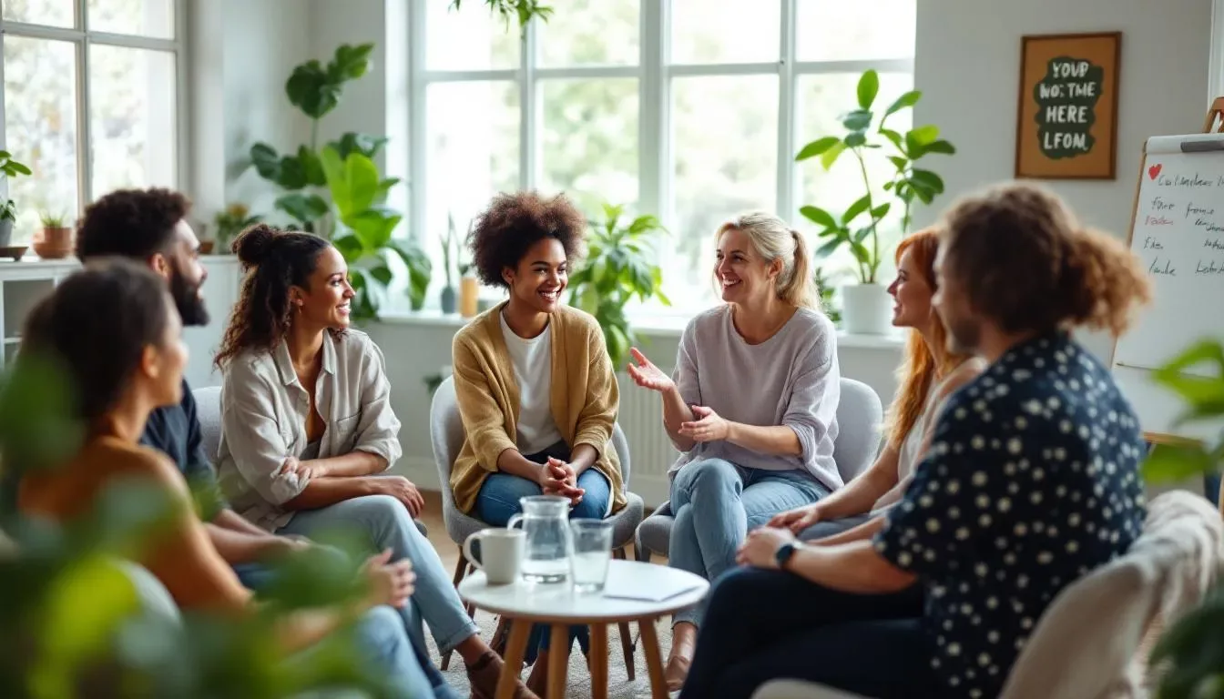 Une famille participe à une réunion de soutien dans un environnement chaleureux et inclusif, discutant des défis liés aux troubles du spectre autistique (TSA) et au TDAH. Les parents échangent des recommandations et des stratégies pour améliorer la prise en charge de leurs enfants, favorisant ainsi la communication sociale et le développement.