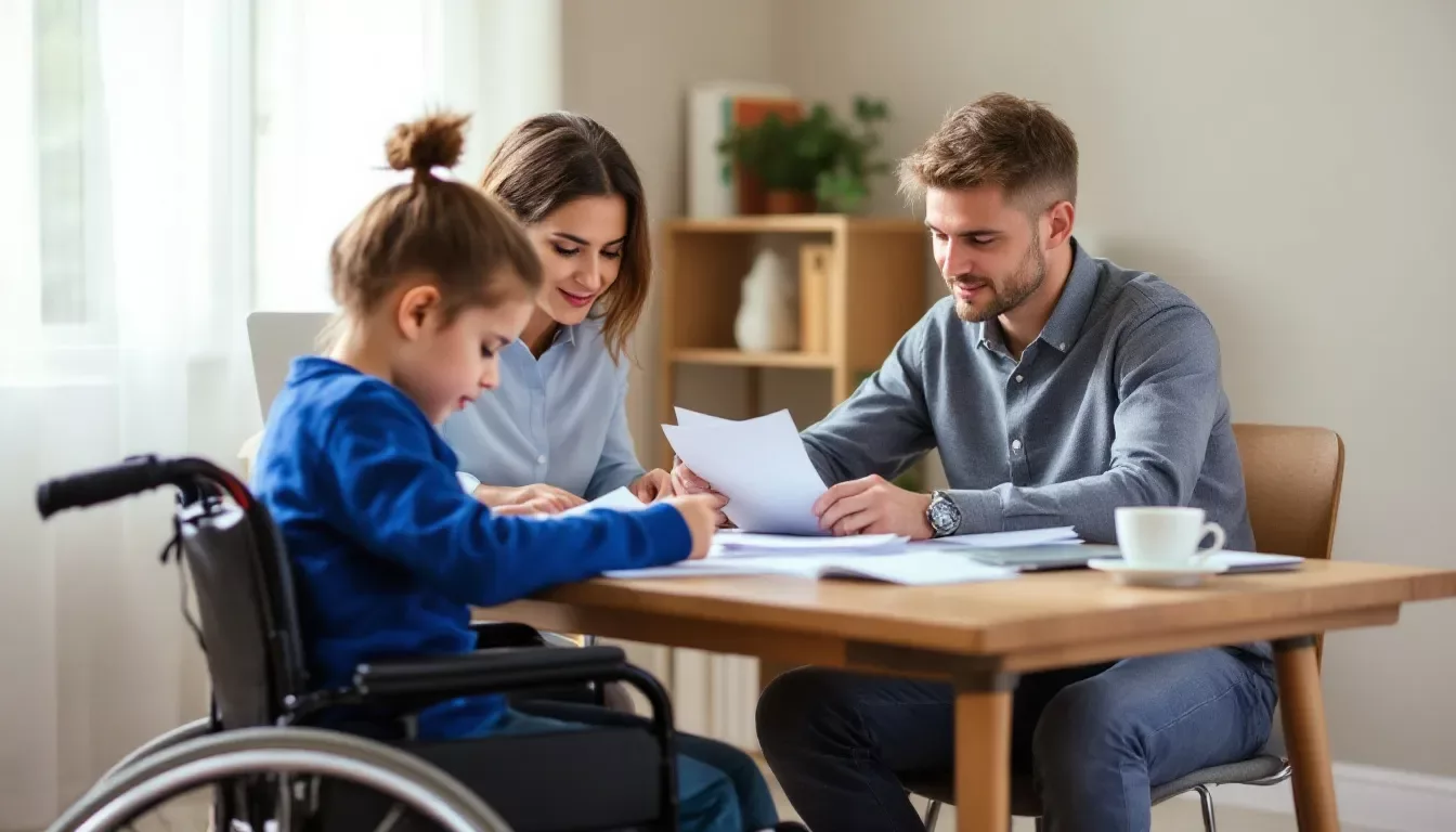 Une famille composée de parents et de leur enfant en situation de handicap est assise autour d'une table, consultant des documents administratifs relatifs à l'allocation d'éducation de l'enfant handicapé. Ils examinent des informations sur les aides disponibles, telles que le complément de l'aeeh et les frais d'éducation liés à la situation de handicap de leur enfant.