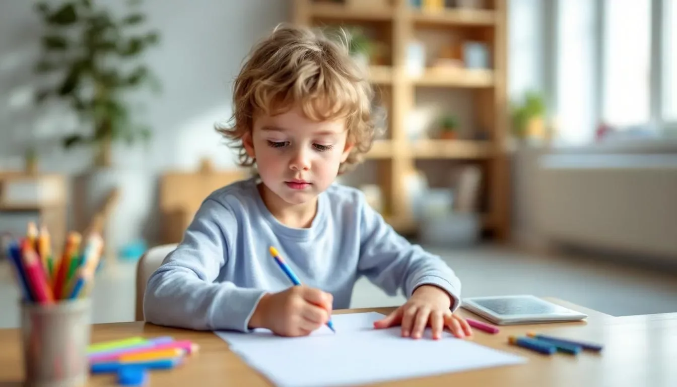 Un enfant est concentré sur une activité créative, entouré d'un environnement calme et structuré, propice à l'attention et à la concentration. Cette scène illustre l'importance d'un cadre adapté pour les enfants présentant des troubles du spectre autistique ou du TDAH.