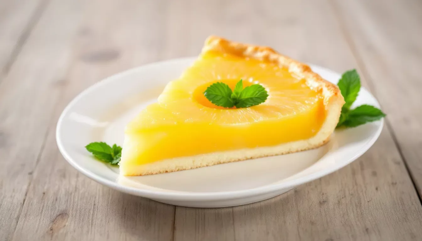 Une belle part de tarte à l'ananas est présentée sur une assiette, ornée de feuilles de menthe.