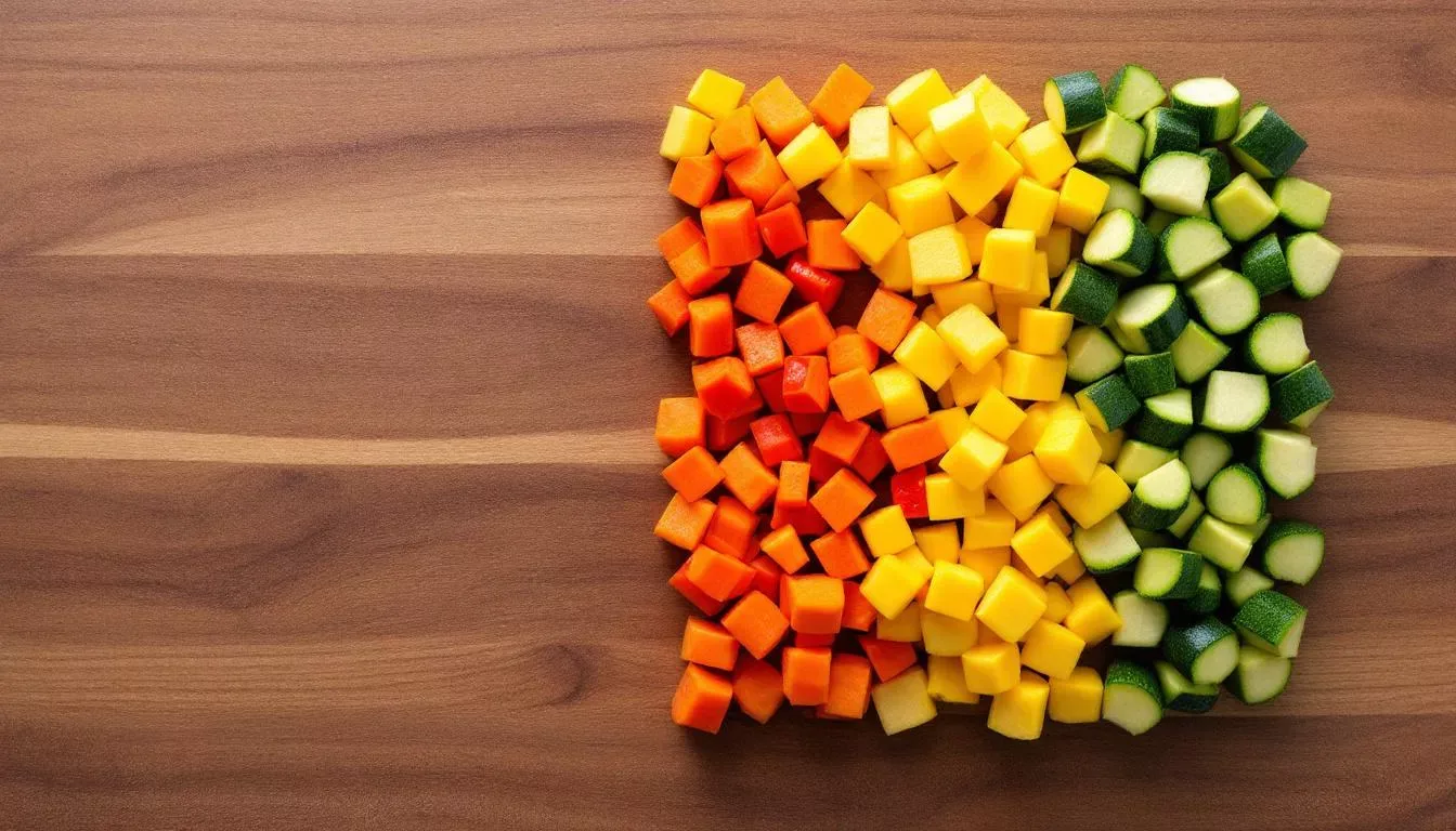 Des légumes colorés, comprenant des carottes, des pommes de terre et des poireaux, sont coupés en dés uniformes sur une planche à découper, prêts à être utilisés pour une délicieuse soupe de légumes maison. Cette préparation met en avant la fraîcheur et la variété des légumes d'hiver, idéaux pour un repas réconfortant.