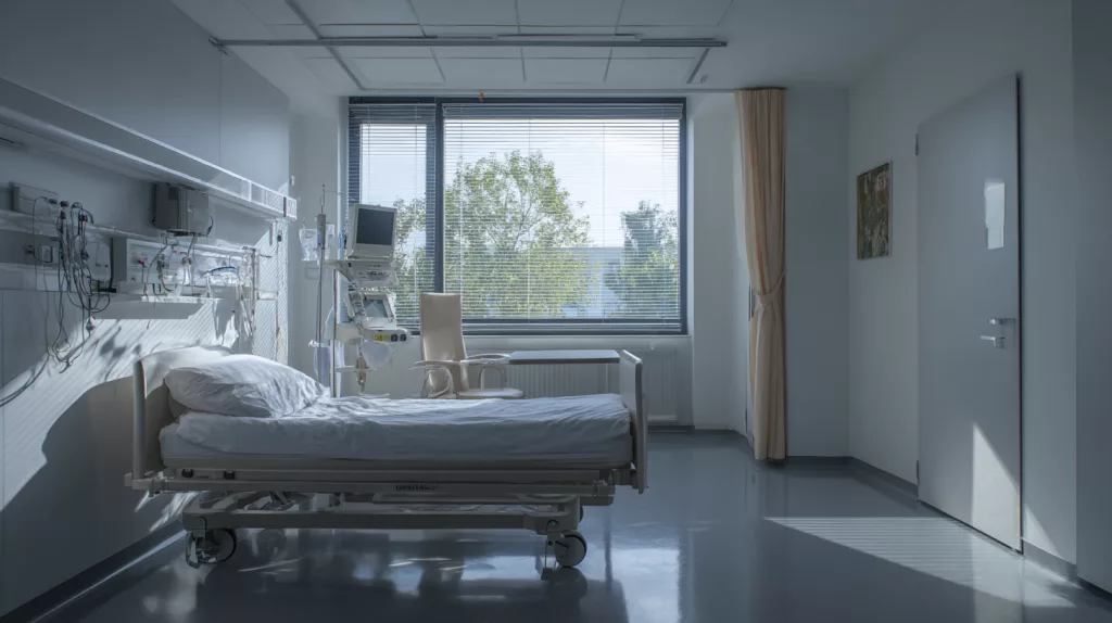 L'image montre une chambre du service pédiatrique avec plusieurs lits d'hôpital pour nourrissons, équipés de matériel médical. Ce cadre est essentiel pour la prise en charge des infections respiratoires, comme la bronchiolite, chez les enfants de moins de 2 ans.