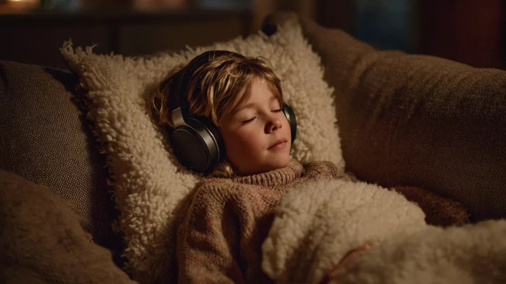 Enfant se reposant sur un canapé pendant une soirée de Noël, avec un casque anti-bruit et une couverture