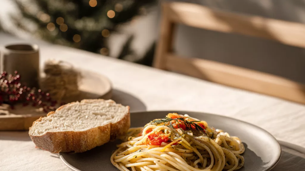 Plat de pâtes servi simplement avec du pain sur une table de Noël, dans une ambiance douce et apaisante