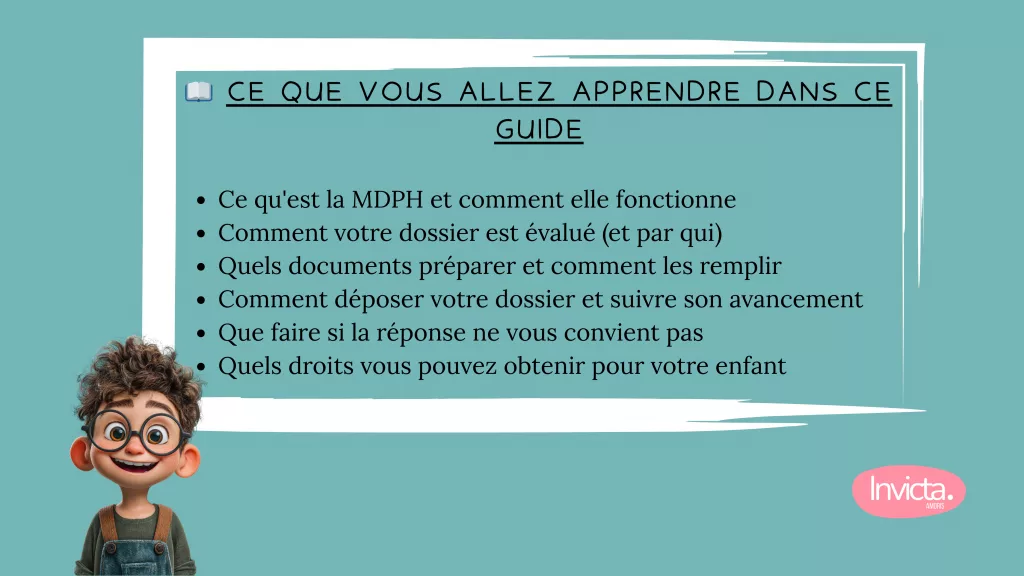 Sommaire du guide MDPH : comprendre la MDPH, évaluation du dossier, documents à préparer, dépôt et suivi, recours en cas de refus, droits pour votre enfant - Guide MDPH Invicta Amoris