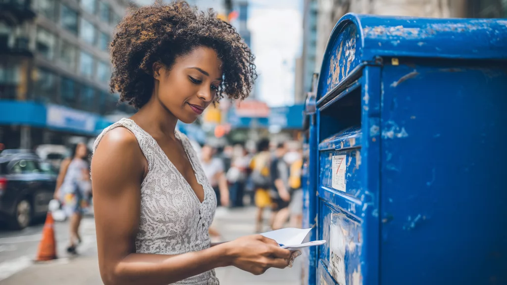 Maman consultante son courrier dans une boîte aux lettres en ville, symbole de l’attente d’une réponse administrative.