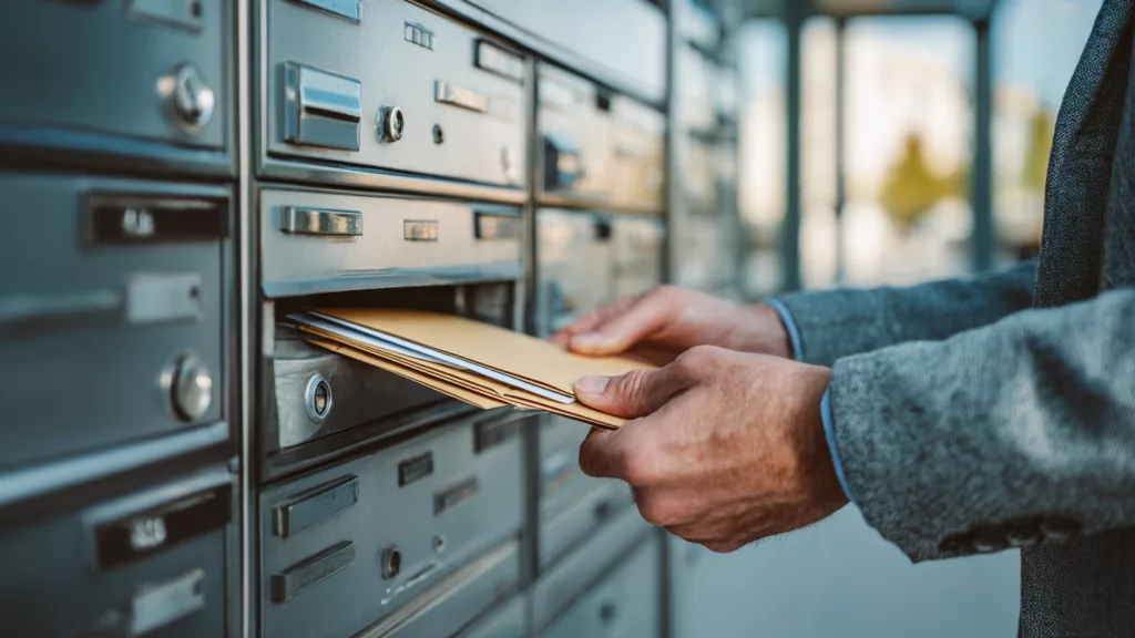 Main retirant des courriers d’une boîte aux lettres collective, symbole d’une réponse administrative attendue.