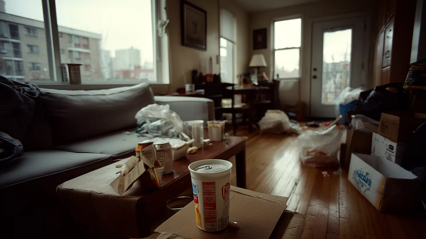 Maison en désordre : salon familial encombré avec table basse et canapé en bazar