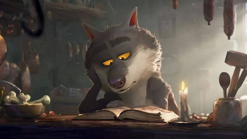 Loup d'Intermarché consultant un livre de recettes végétariennes à la chandelle