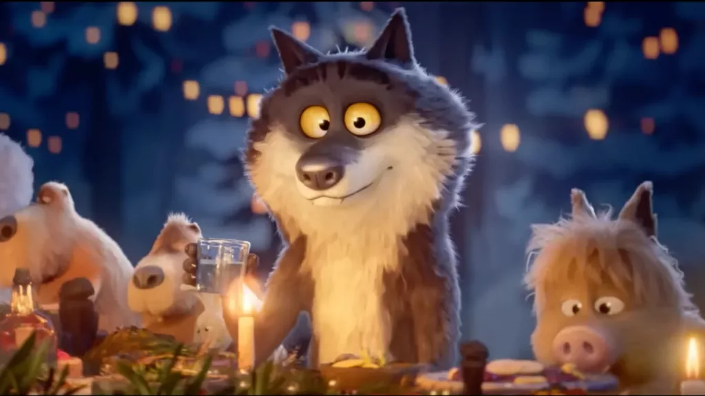 Le loup d'Intermarché accepté à la table de Noël avec les animaux de la forêt - scène finale