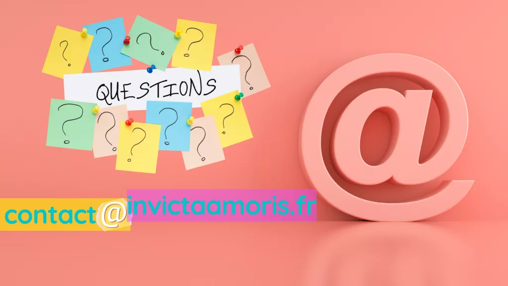 Contactez Invicta Amoris — Blog parentalité et TSA. Post-its colorés avec points d'interrogation, adresse email contact@invictaamoris.fr. Questions, témoignages, partenariats.