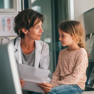 Médecin avec dans les mains le certificat médical MDPH à une petite fille lors d'une consultation