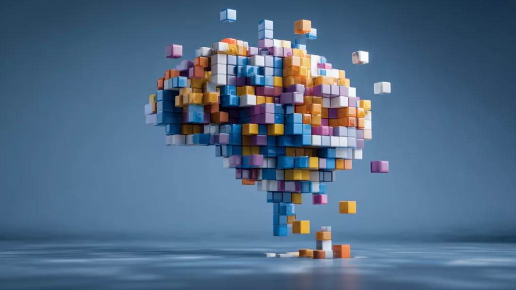 Illustration abstraite d’un cerveau composé de blocs colorés représentant les fonctions cognitives et l’attention