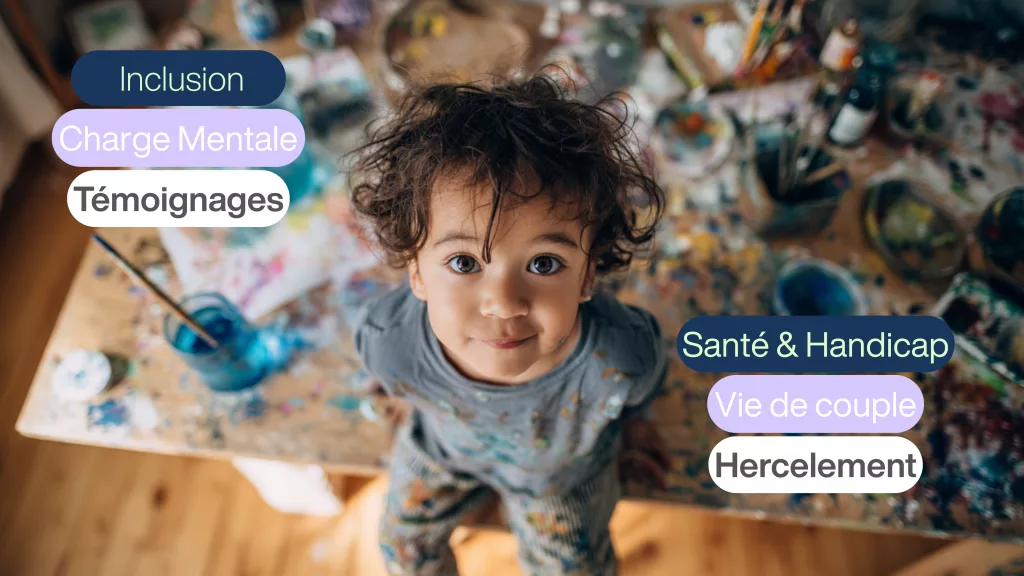 Invicta Amoris, le blog des Super Mamans. Enfant aux cheveux bouclés dans un univers créatif et coloré. Thématiques du blog : inclusion, charge mentale, témoignages, santé et handicap, vie de couple, harcèlement. Un blog bienveillant pour les familles et la parentalité.