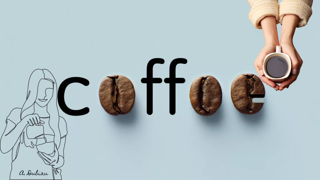 Invicta Amoris - Café Mamans. Illustration d'une femme tenant un café, mot "coffee" avec grains de café, gobelet Invicta Amoris. Soutenez le blog des Super Mamans pour le prix d'un café par an.