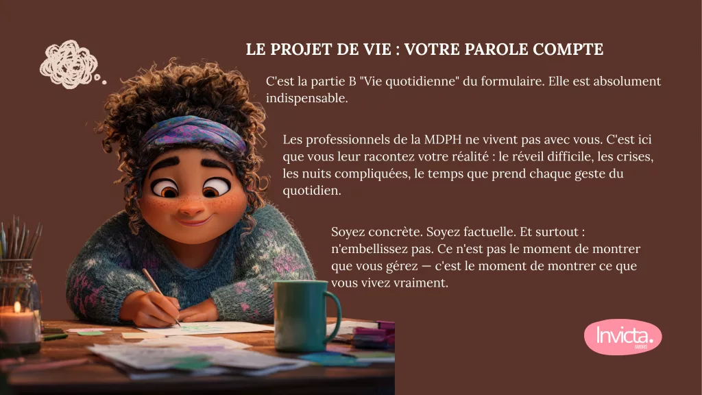 Projet de vie MDPH : infographie conseils pour rédiger la partie Vie quotidienne du dossier handicap avec illustration maman déterminée