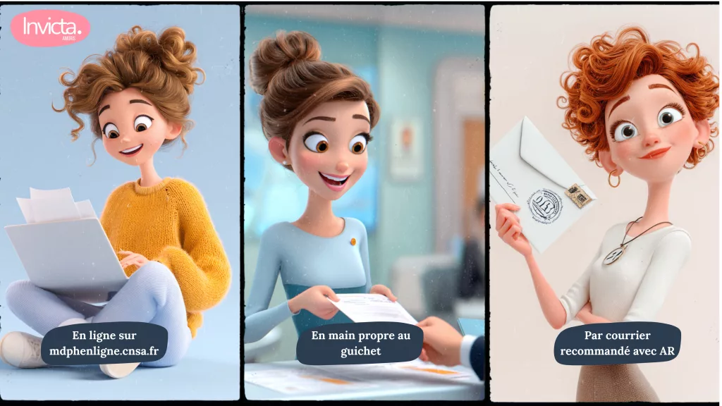 Comment déposer un dossier MDPH : trois options illustrées — en ligne sur mdphenligne.cnsa.fr, en main propre au guichet, par courrier recommandé avec accusé de réception