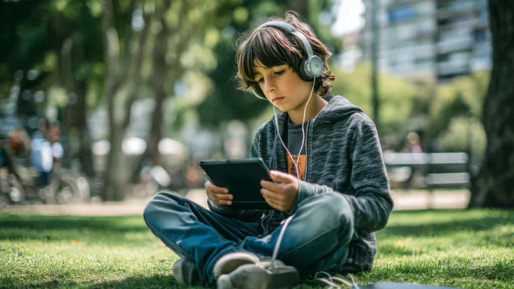 Enfant concentré utilisant une tablette dans un parc, illustrant l’usage d’un jeu numérique éducatif