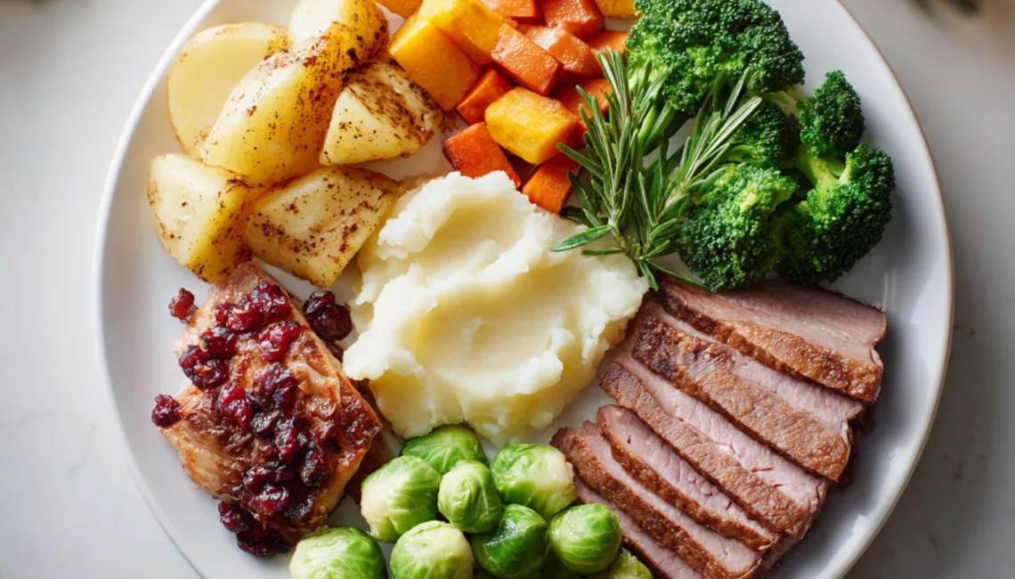 Repas de Noël adapté avec aliments bien séparés, présentée de façon simple et respectueuse des sensibilités alimentaires