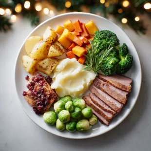 Repas de Noël adapté avec aliments bien séparés, présentée de façon simple et respectueuse des sensibilités alimentaires