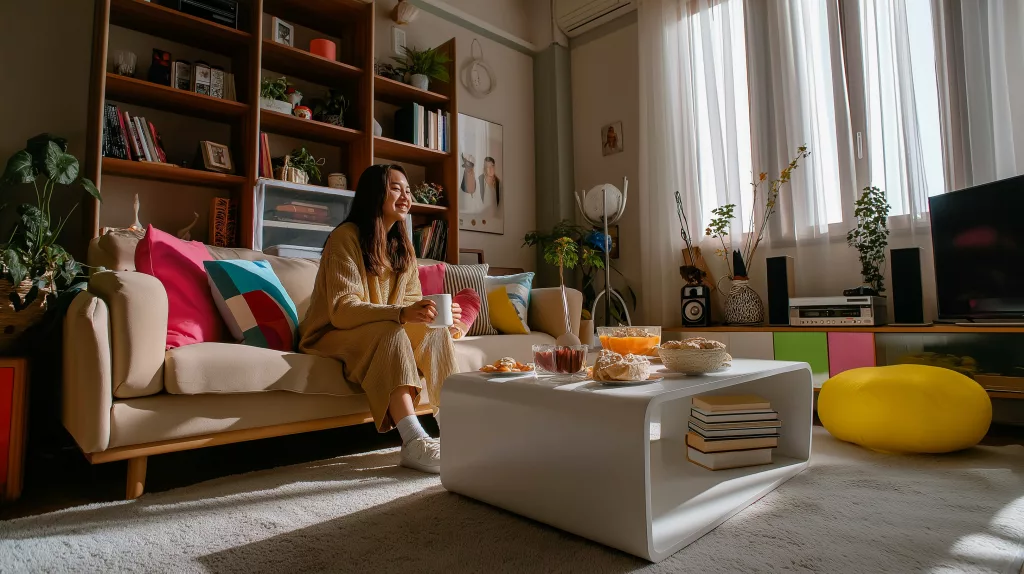 Femme détendue dans un salon bien rangé avec étagères organisées et décoration colorée