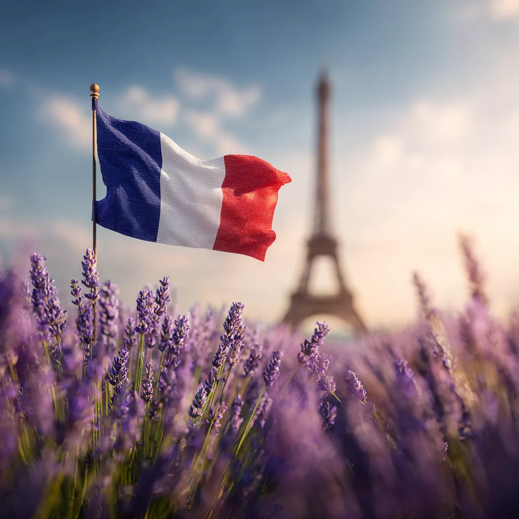 Drapeau français avec la Tour Eiffel en arrière-plan et champ de lavande au premier plan, évoquant le cadre français du parcours de soins des TND