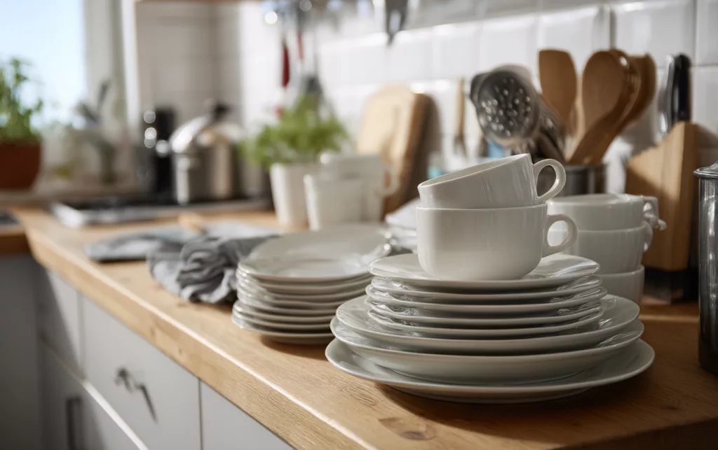 Plan de travail cuisine encombré de vaisselle à ranger