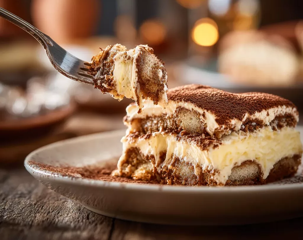 image d'une portion de tiramisu et d'une fourchette